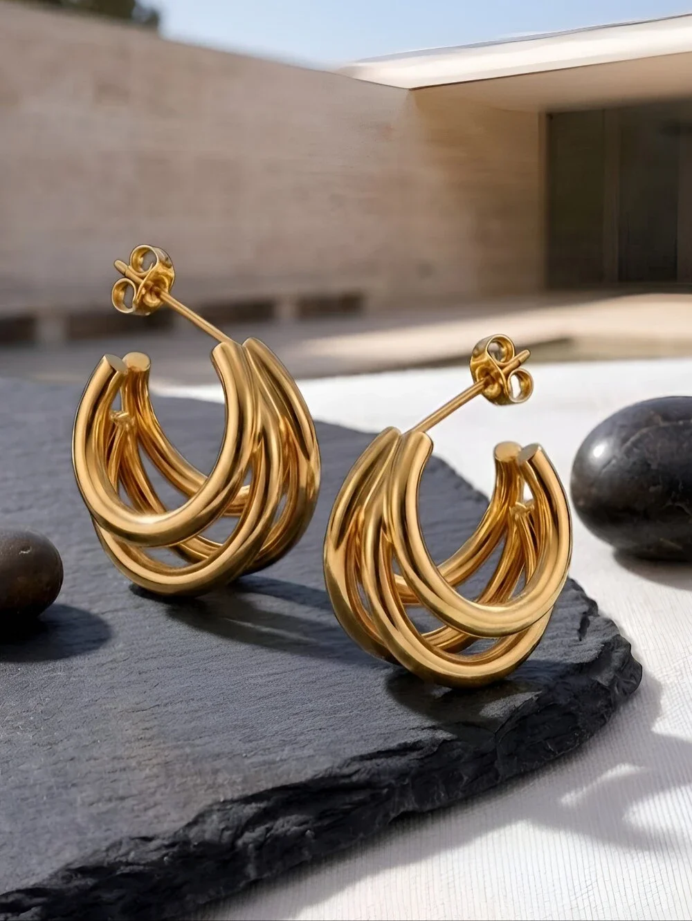 18K Gold Plated Chunky Triple Hoop Earrings Sculptural Clean Girl 0.8